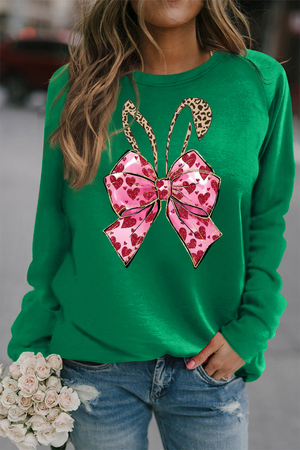 Easter Bunny Bow Pattern Solid Crew Neck Raglan Sleeve Sweatshirt