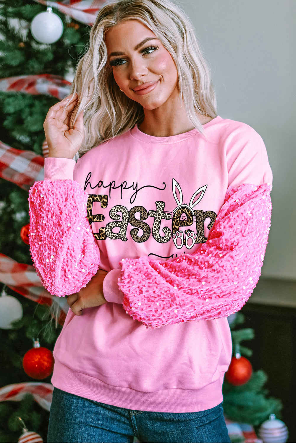Easter Leopard Print Sequin Patchwork Long Sleeve Sweatshirt