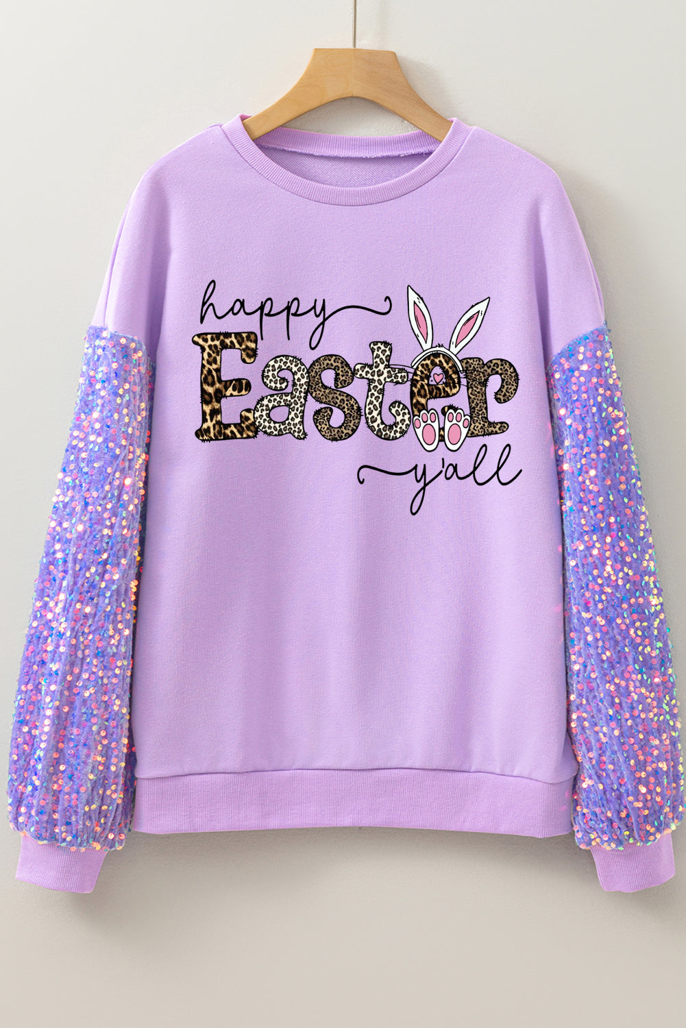 Easter Leopard Print Sequin Patchwork Long Sleeve Sweatshirt