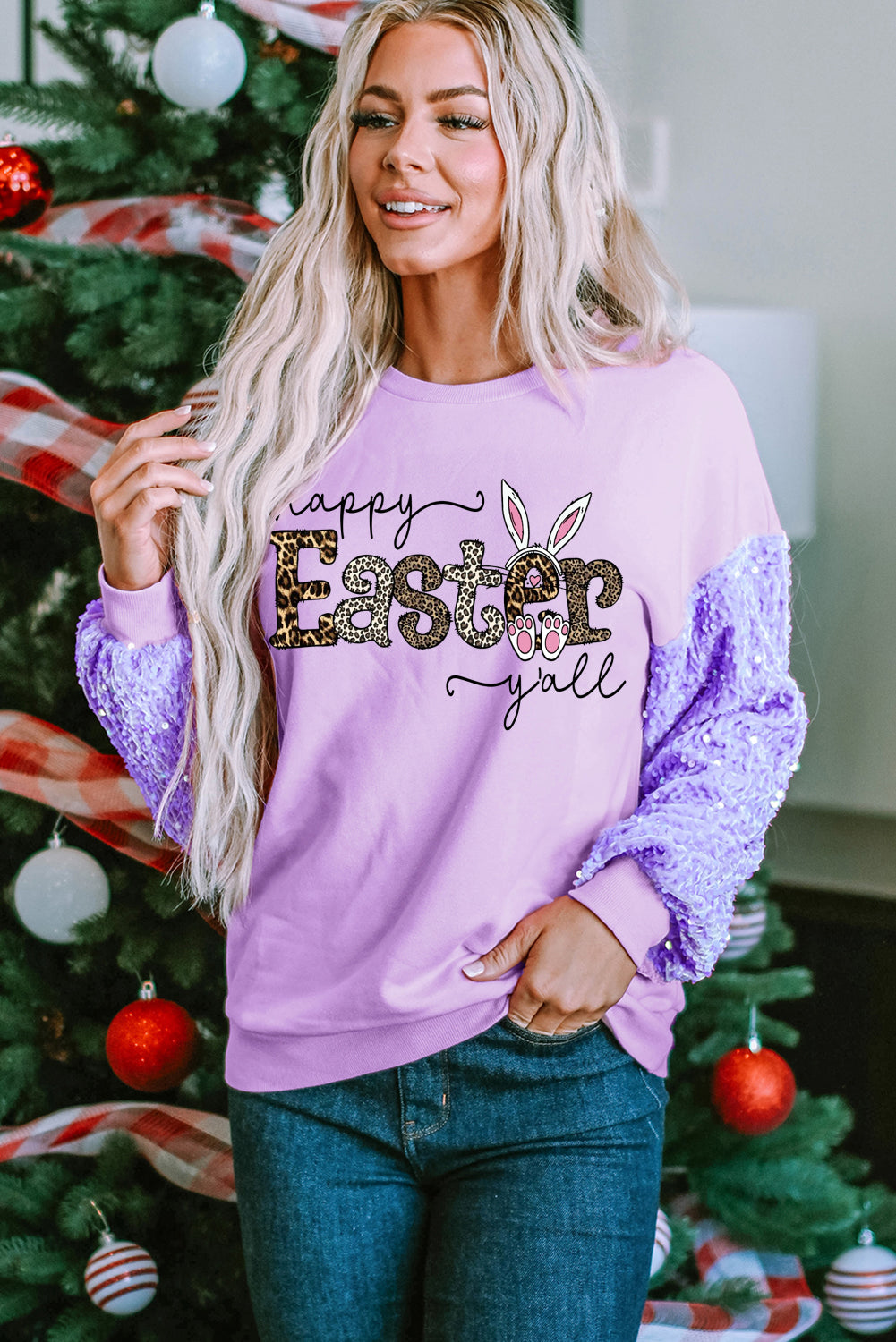 Easter Leopard Print Sequin Patchwork Long Sleeve Sweatshirt