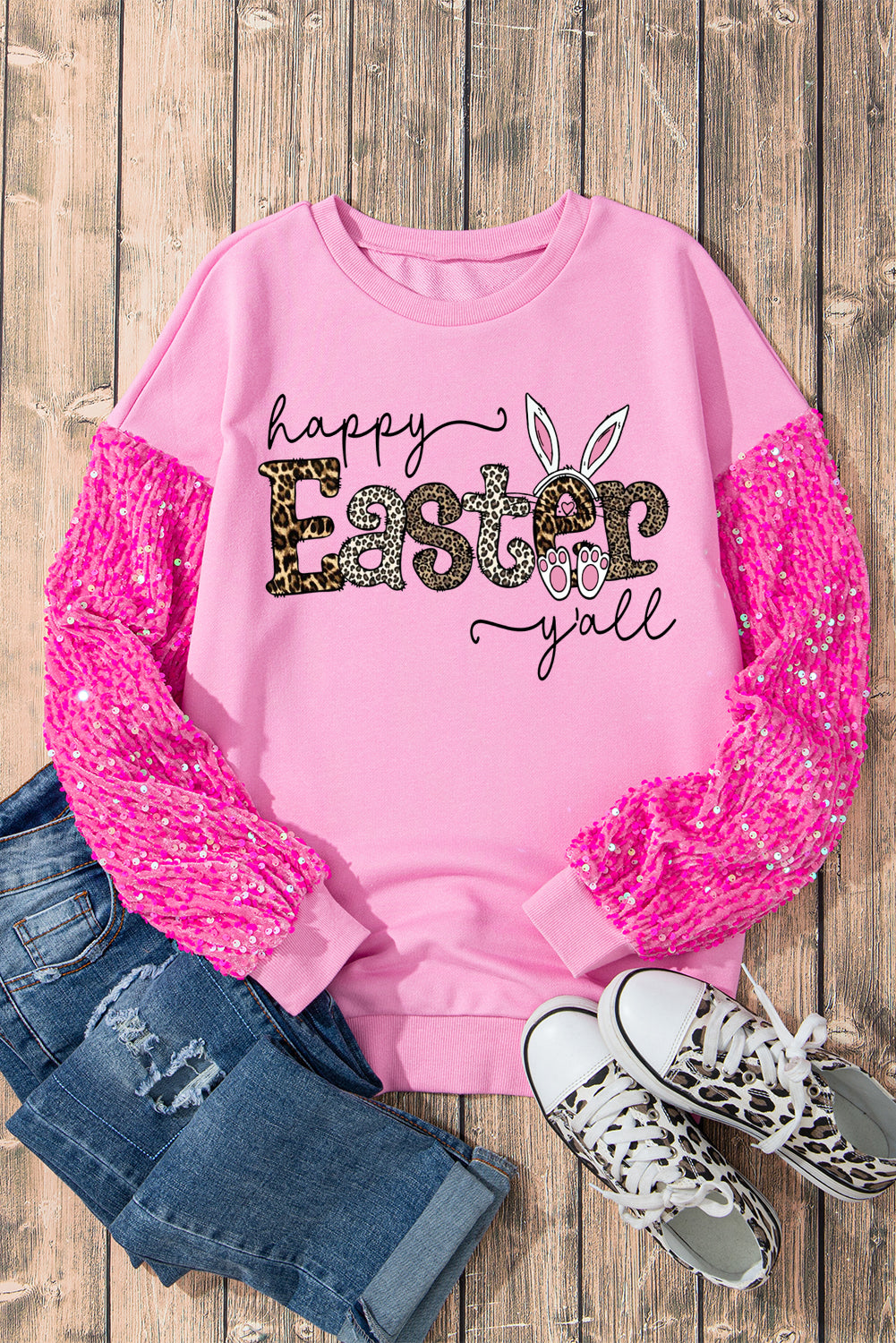 Easter Leopard Print Sequin Patchwork Long Sleeve Sweatshirt