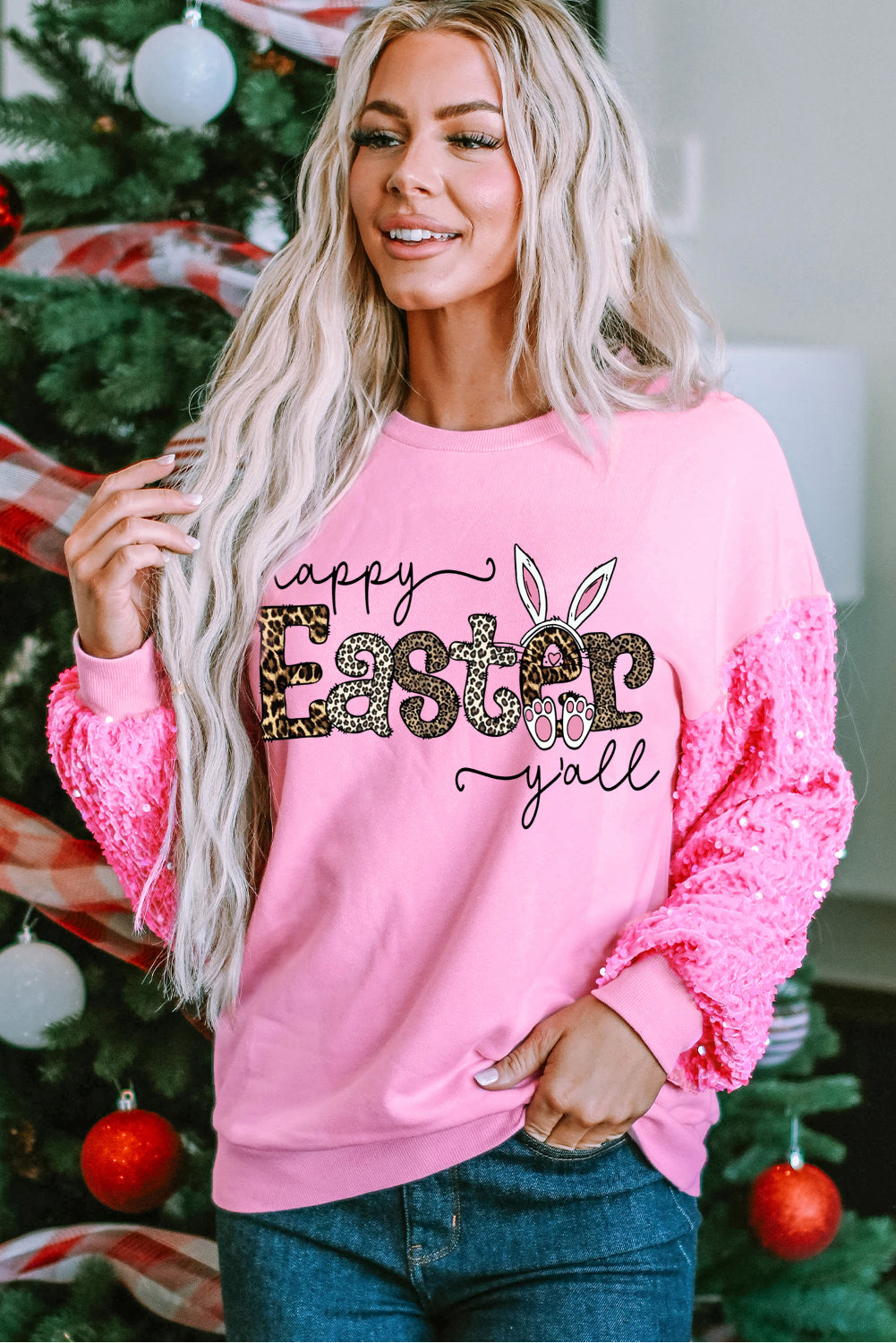 Easter Leopard Print Sequin Patchwork Long Sleeve Sweatshirt