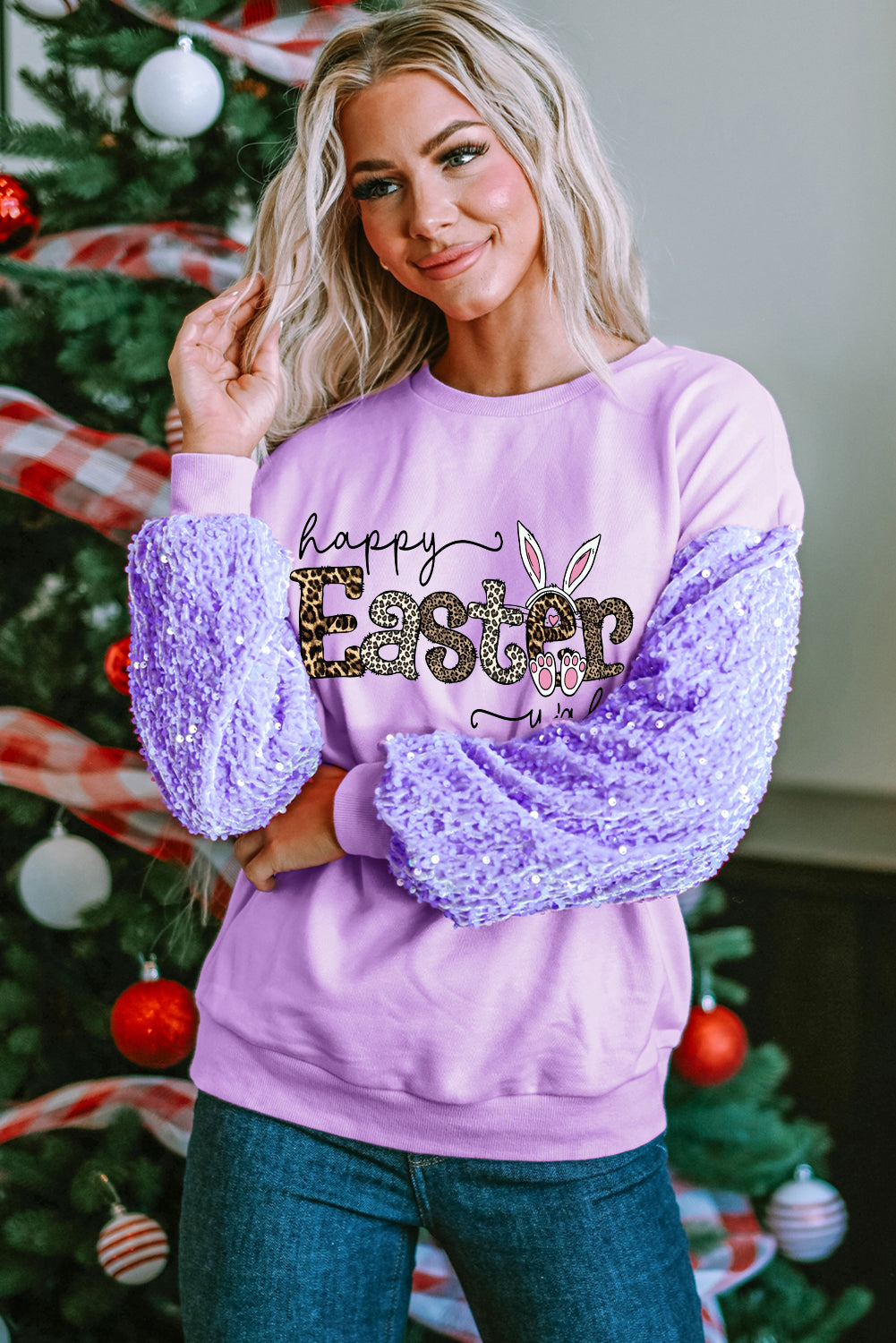 Easter Leopard Print Sequin Patchwork Long Sleeve Sweatshirt
