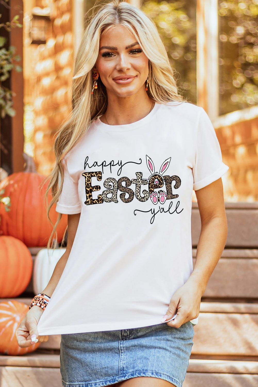 Easter-Themed Leopard Print Solid Crew Neck T-Shirt
