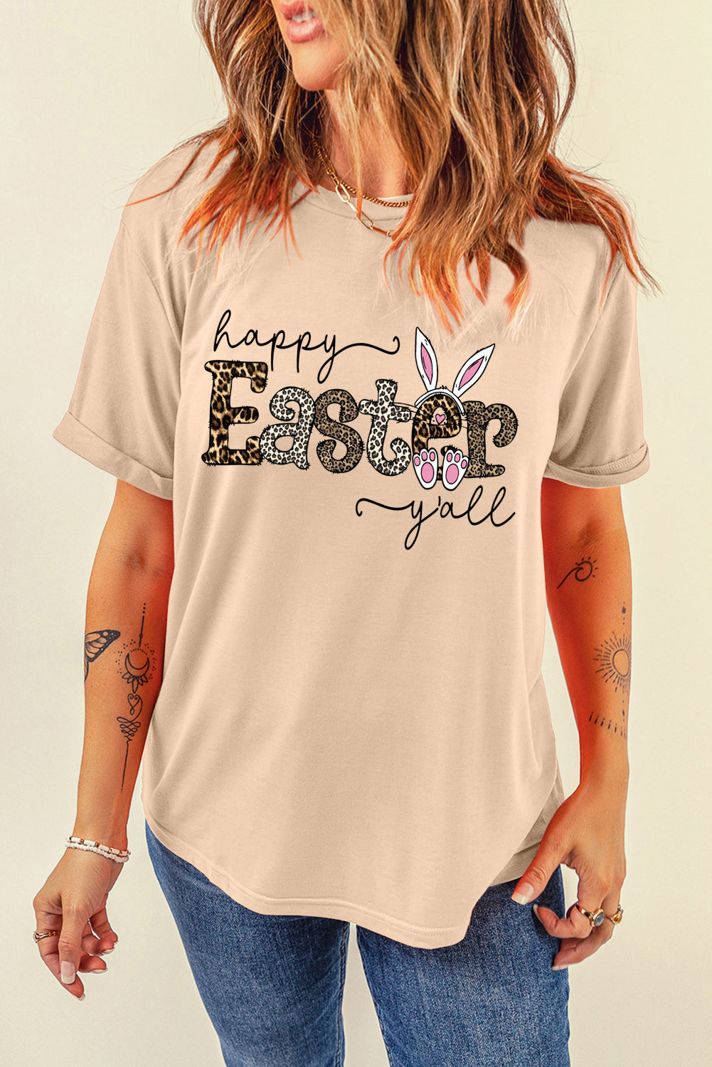 Easter-Themed Leopard Print Solid Crew Neck T-Shirt
