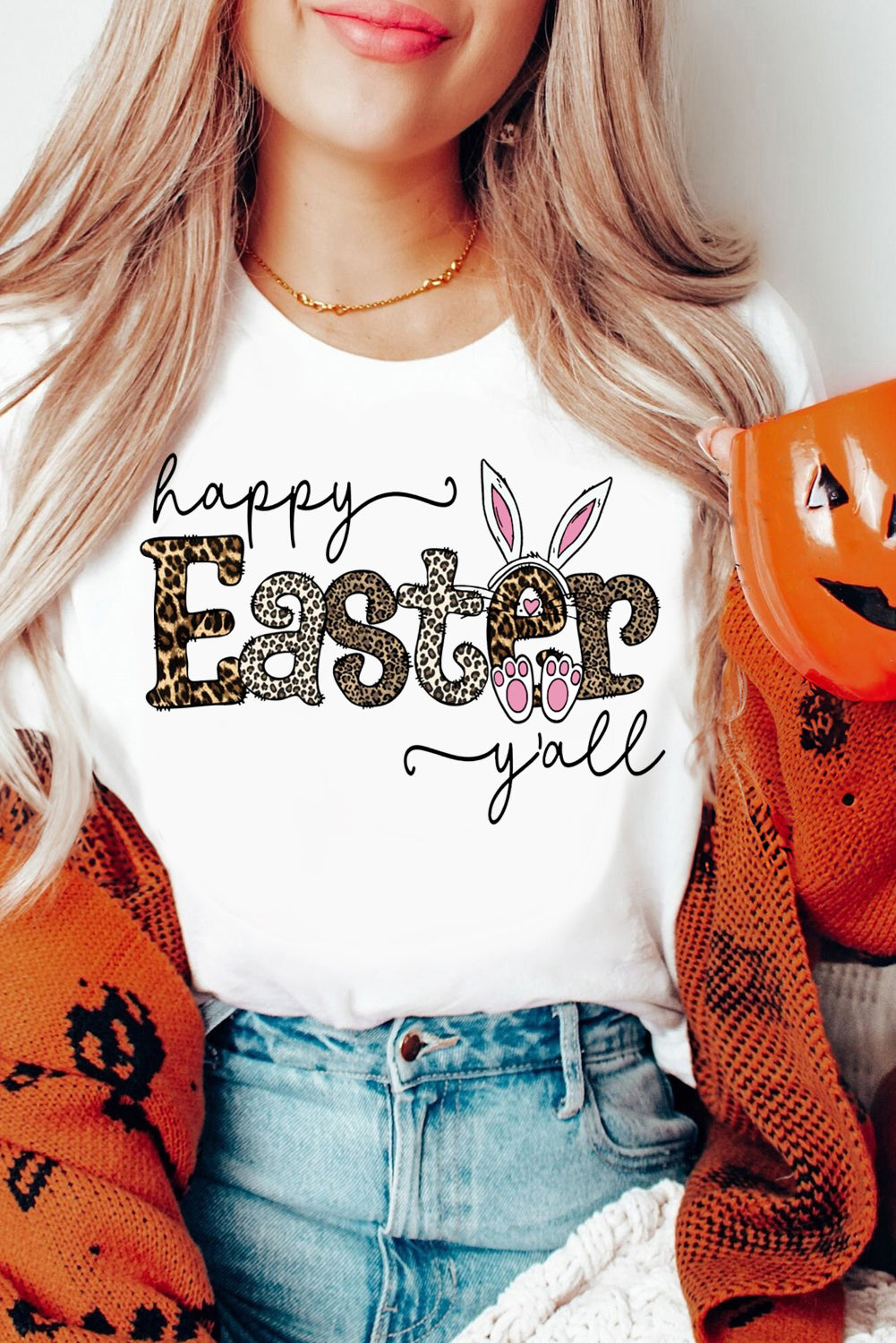 Easter-Themed Leopard Print Solid Crew Neck T-Shirt