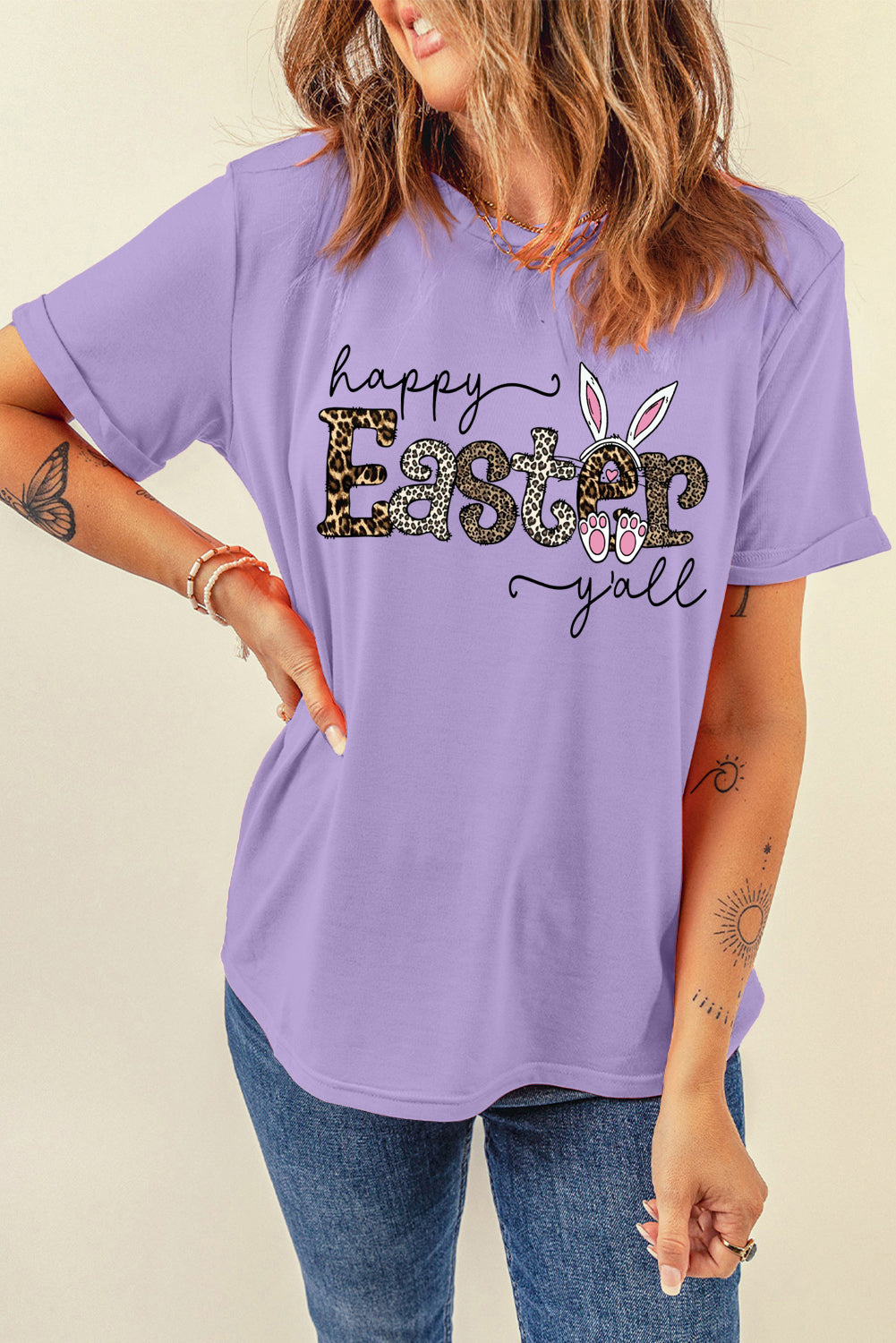 Easter-Themed Leopard Print Solid Crew Neck T-Shirt