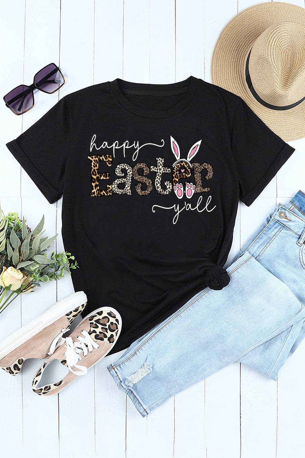 Easter-Themed Leopard Print Solid Crew Neck T-Shirt
