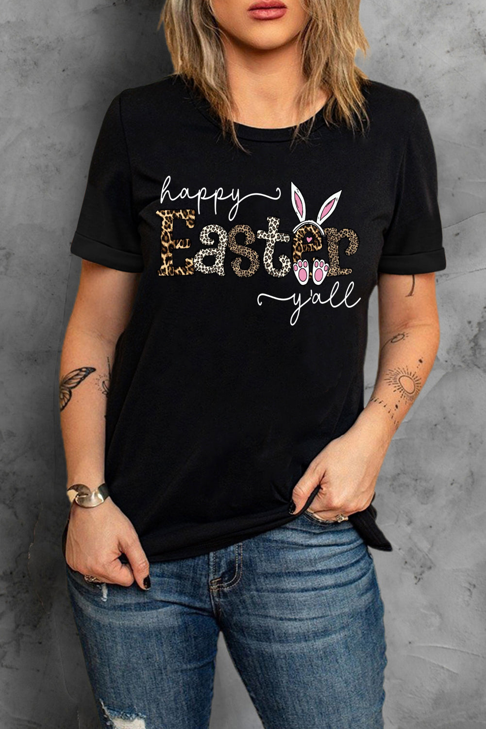 Easter-Themed Leopard Print Solid Crew Neck T-Shirt