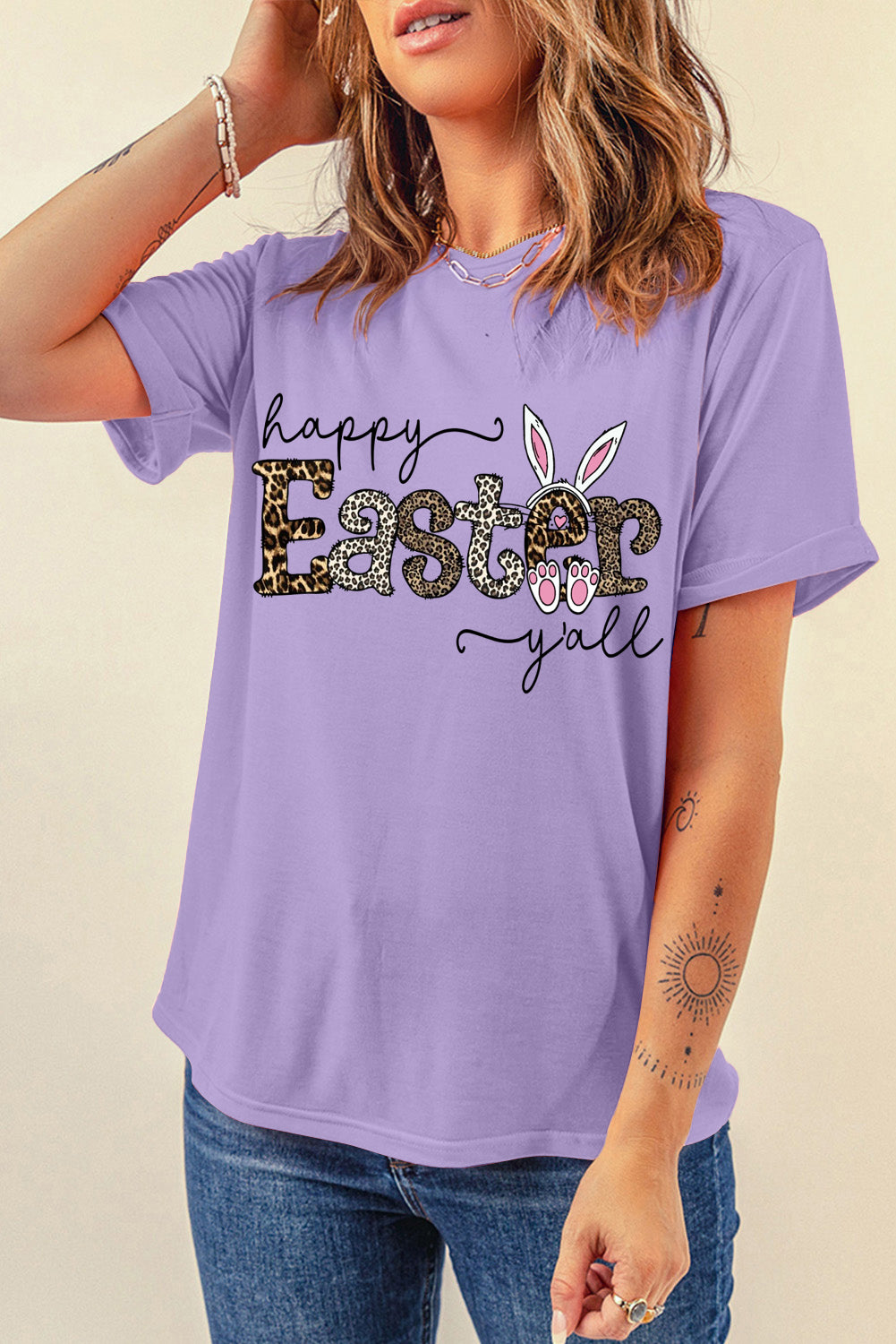 Easter-Themed Leopard Print Solid Crew Neck T-Shirt