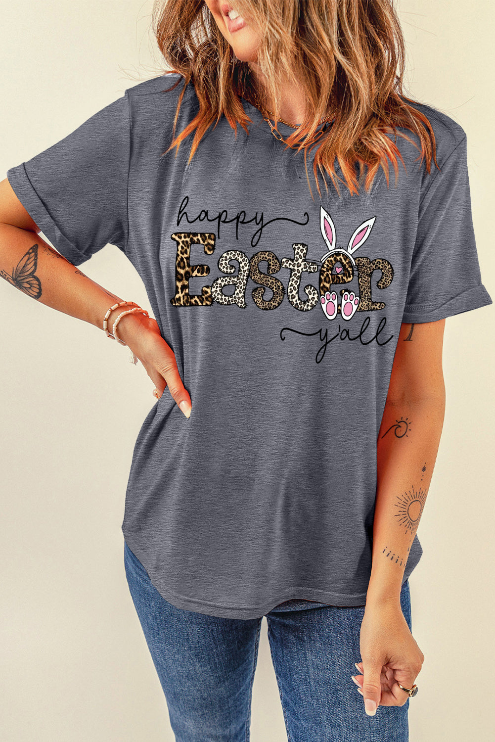 Easter-Themed Leopard Print Solid Crew Neck T-Shirt