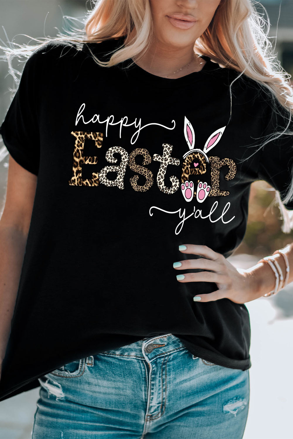Easter-Themed Leopard Print Solid Crew Neck T-Shirt