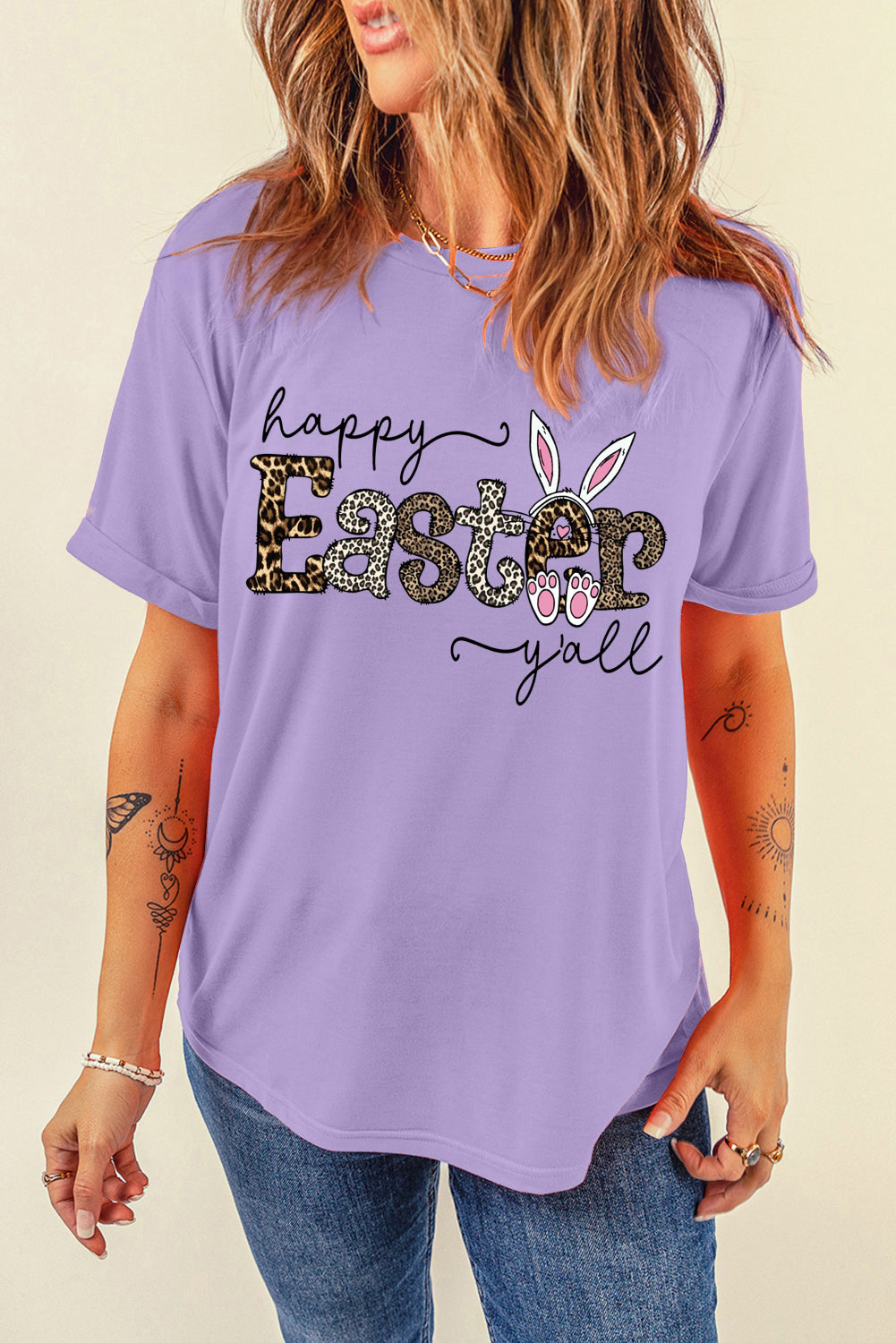 Easter-Themed Leopard Print Solid Crew Neck T-Shirt
