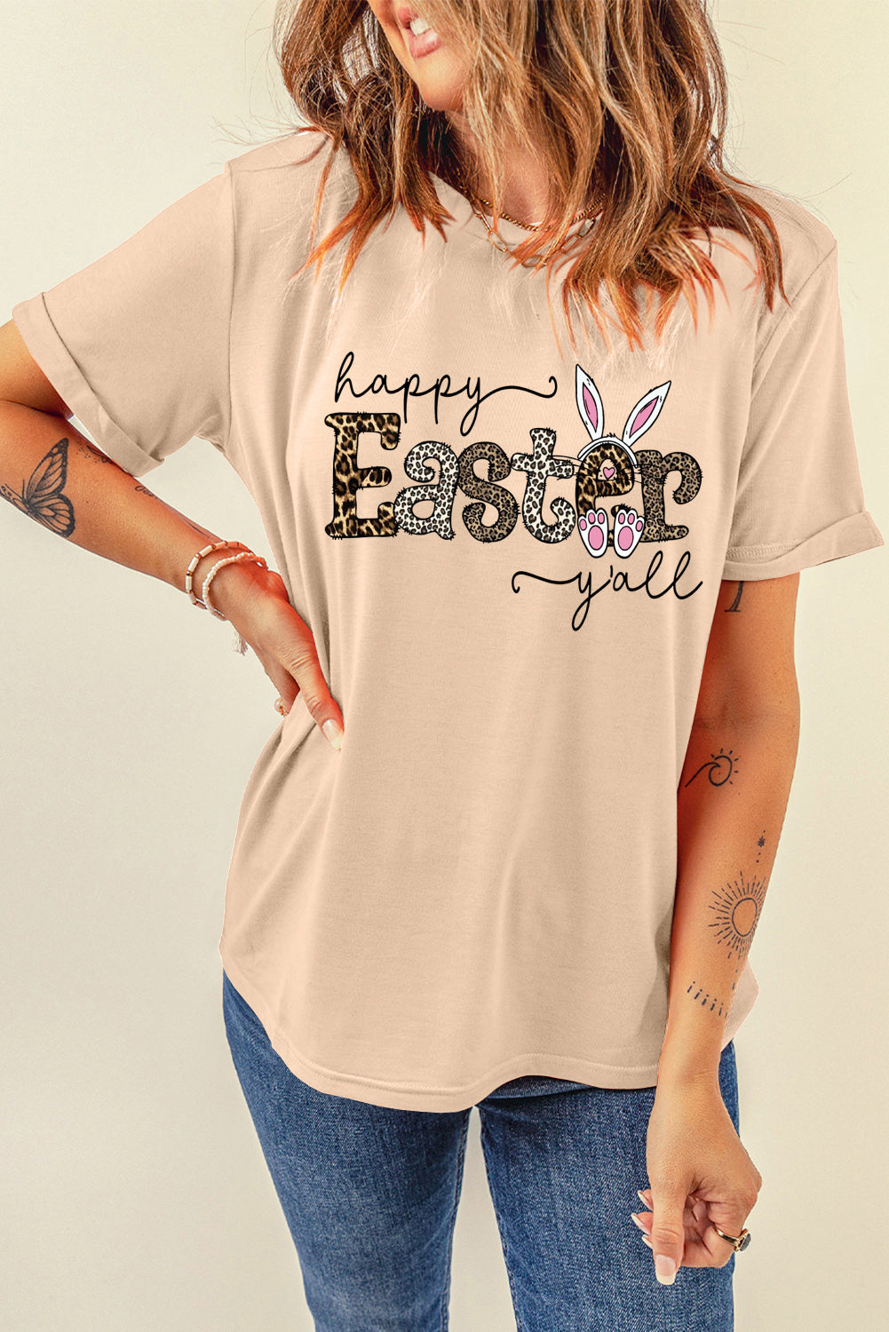 Easter-Themed Leopard Print Solid Crew Neck T-Shirt