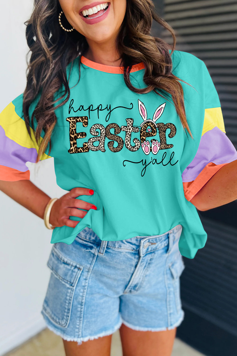 Leopard Pattern Easter Graphic Colorblock Oversized Crew Neck Top