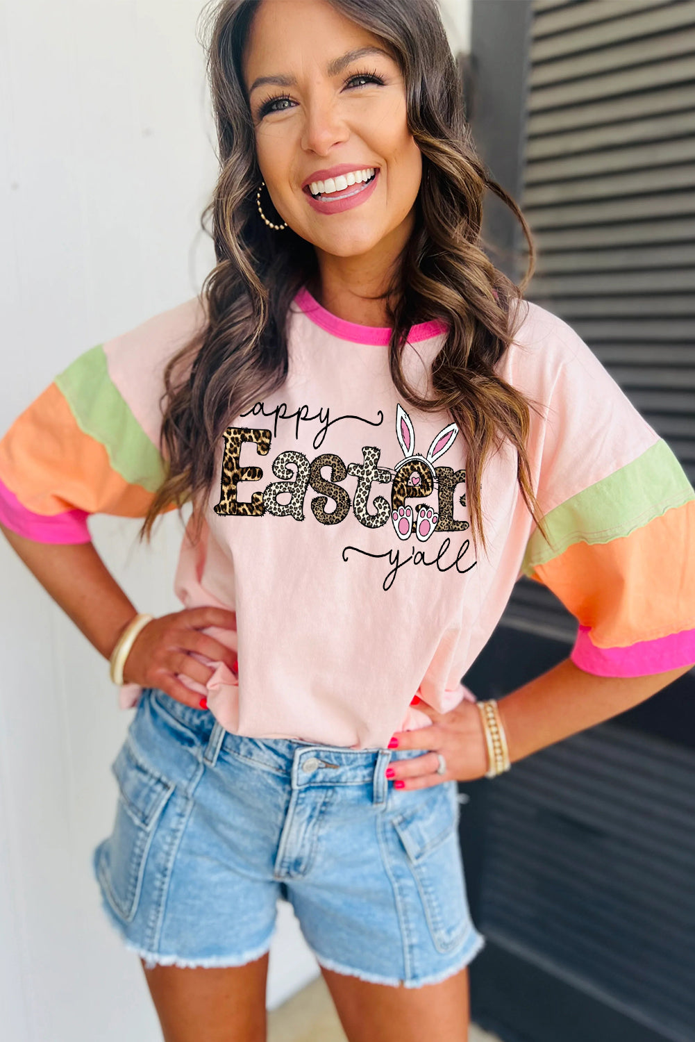 Leopard Pattern Easter Graphic Colorblock Oversized Crew Neck Top
