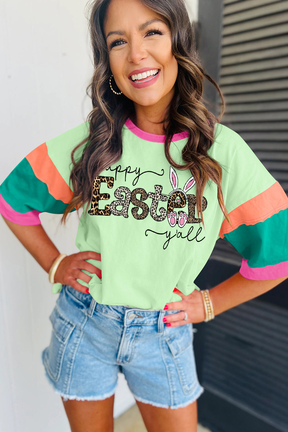 Leopard Pattern Easter Graphic Colorblock Oversized Crew Neck Top