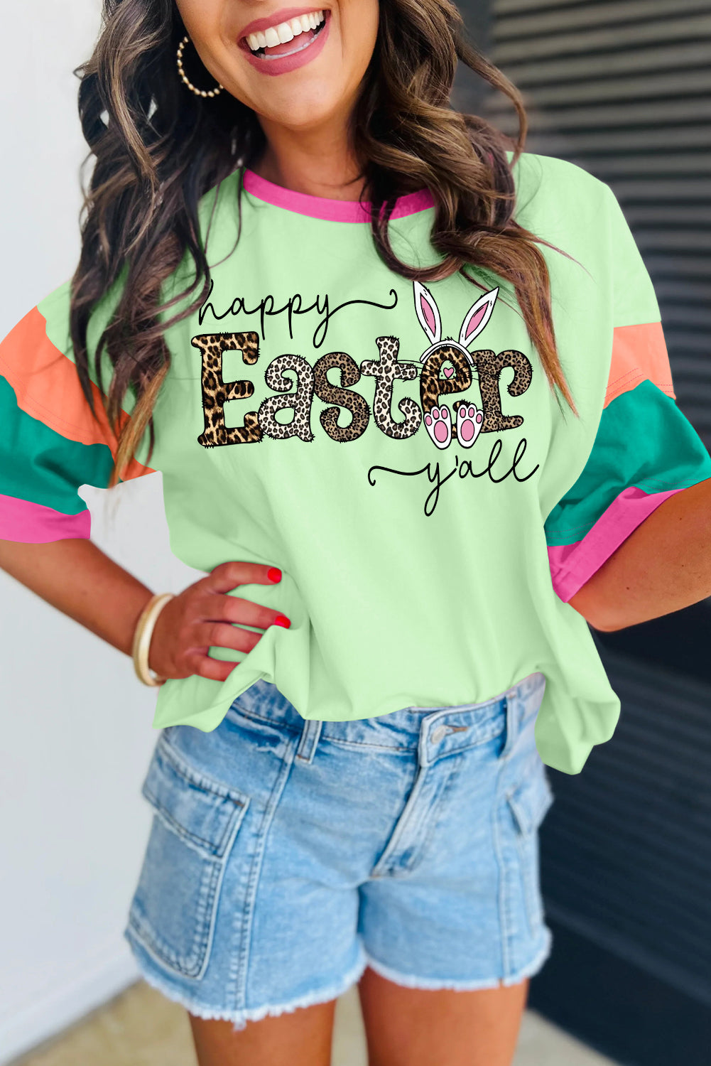 Leopard Pattern Easter Graphic Colorblock Oversized Crew Neck Top