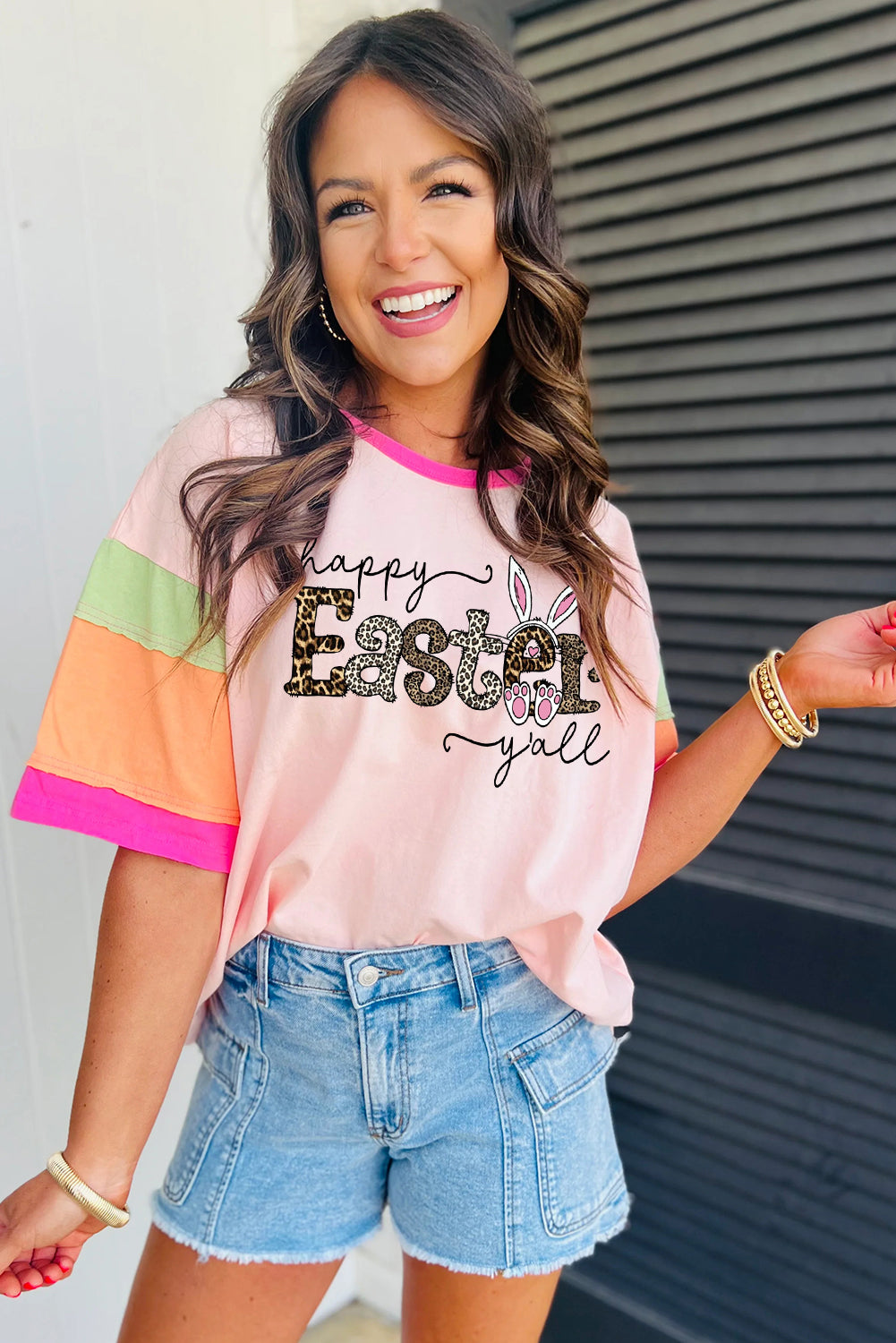 Leopard Pattern Easter Graphic Colorblock Oversized Crew Neck Top