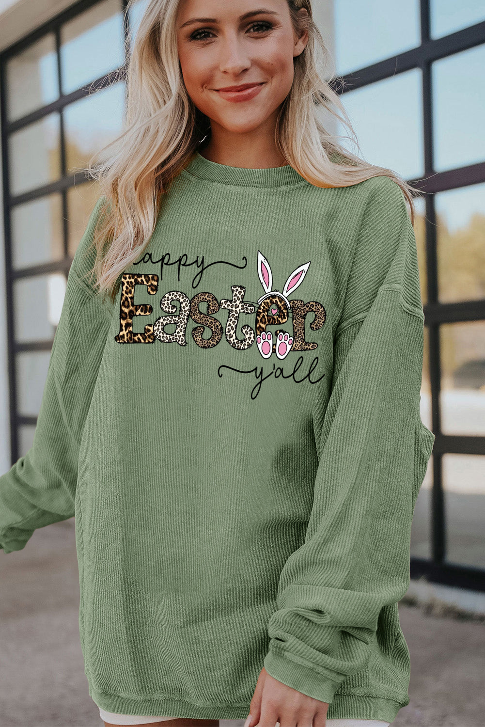 Leopard Graphic Easter Ribbed Corduroy Oversized Pullover