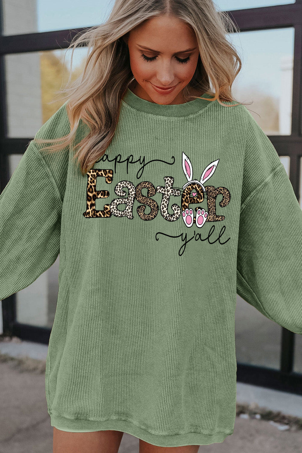 Leopard Graphic Easter Ribbed Corduroy Oversized Pullover