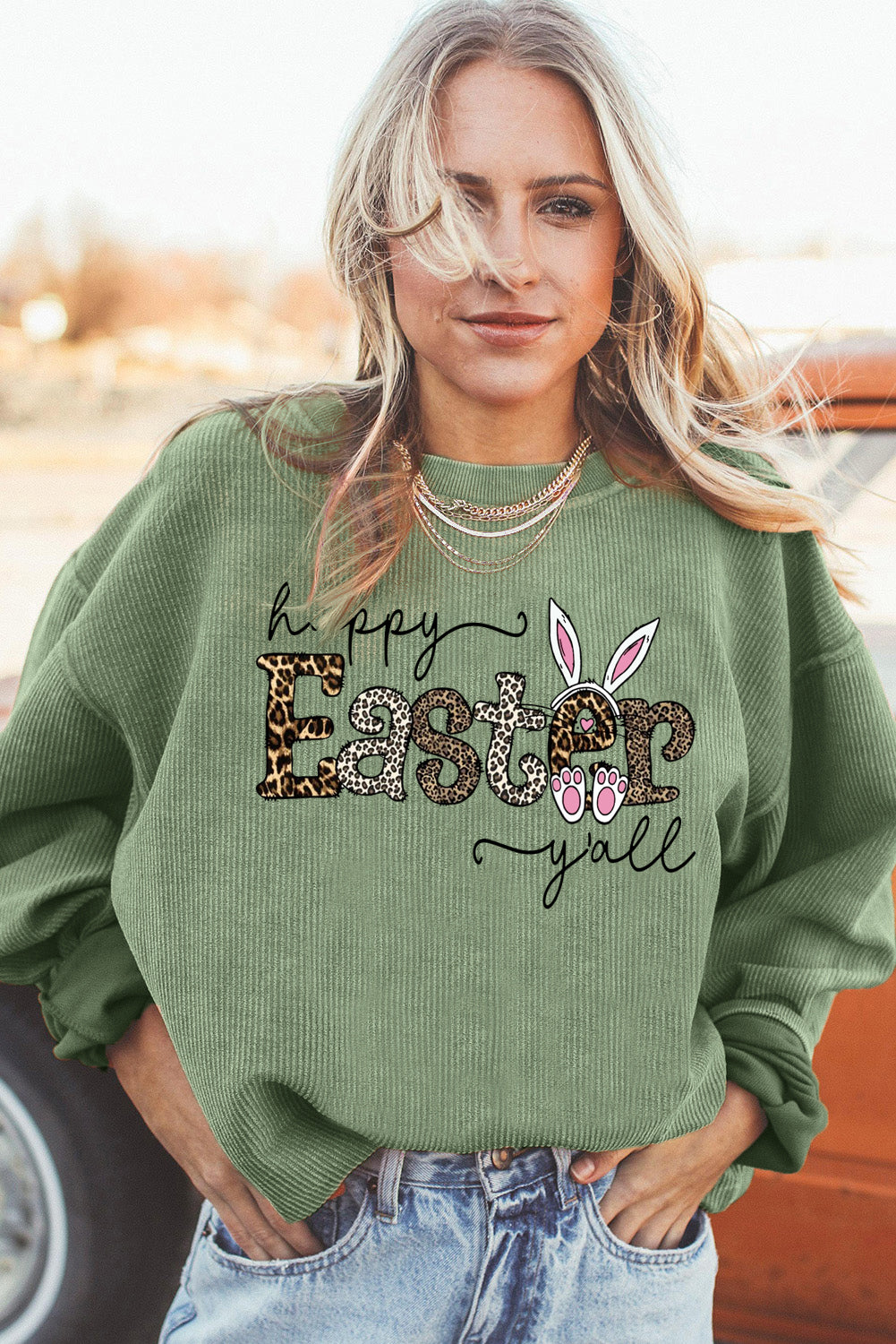 Leopard Graphic Easter Ribbed Corduroy Oversized Pullover