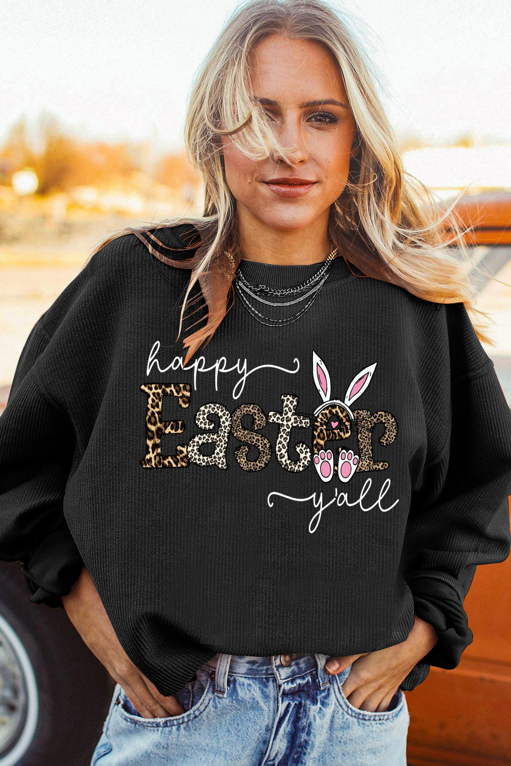 Leopard Graphic Easter Ribbed Corduroy Oversized Pullover