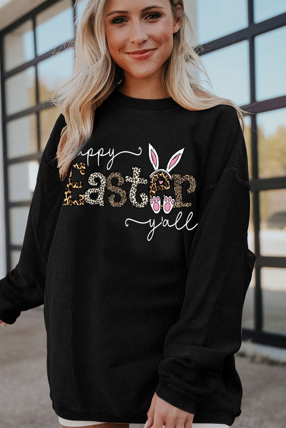Leopard Graphic Easter Ribbed Corduroy Oversized Pullover