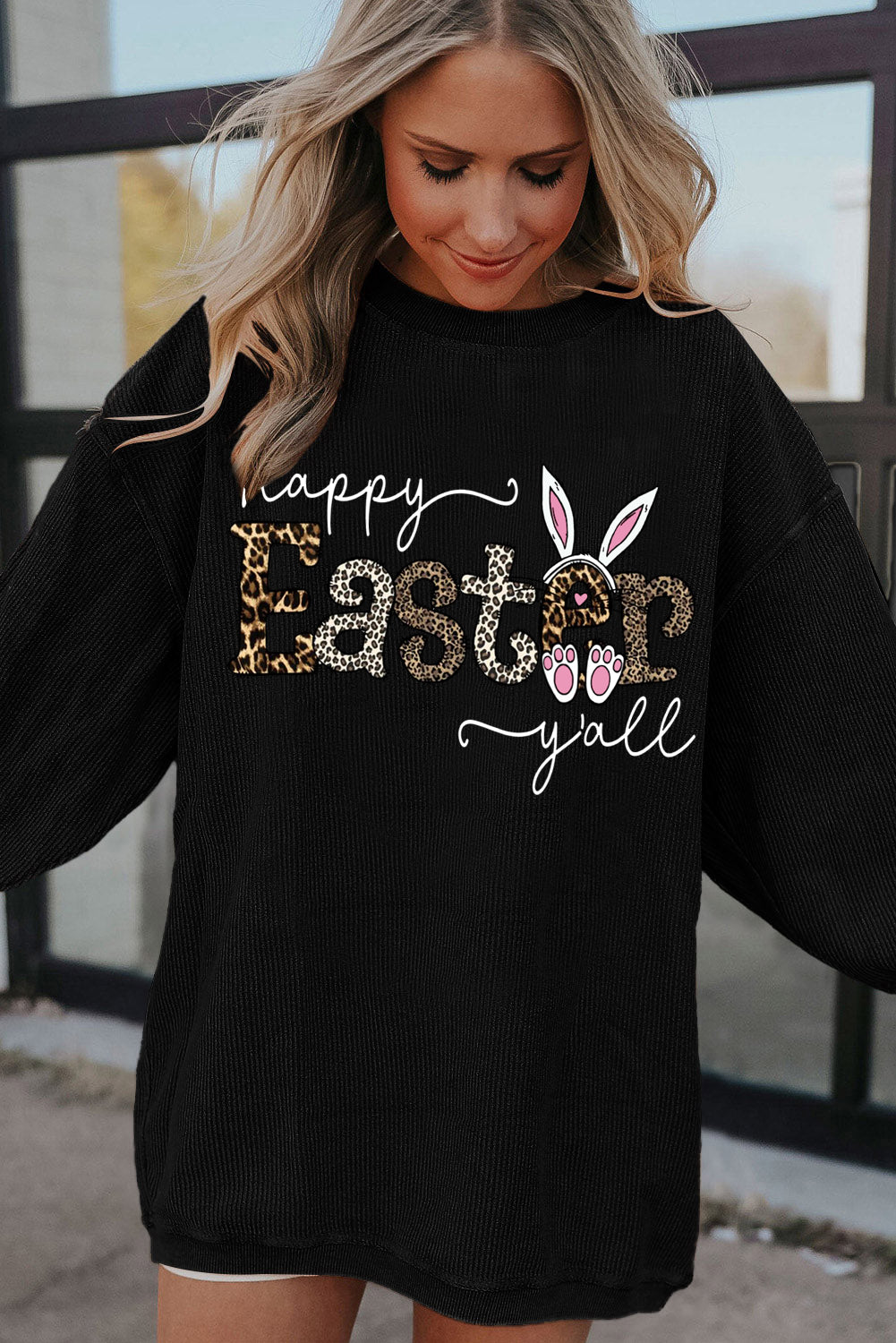 Leopard Graphic Easter Ribbed Corduroy Oversized Pullover