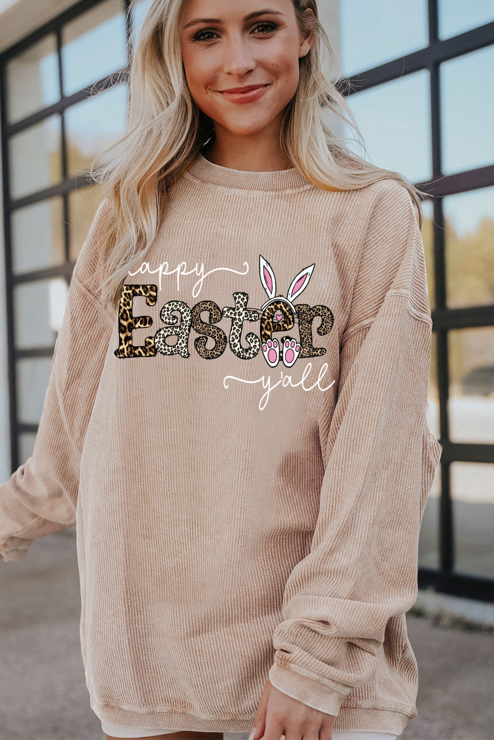 Leopard Graphic Easter Ribbed Corduroy Oversized Pullover
