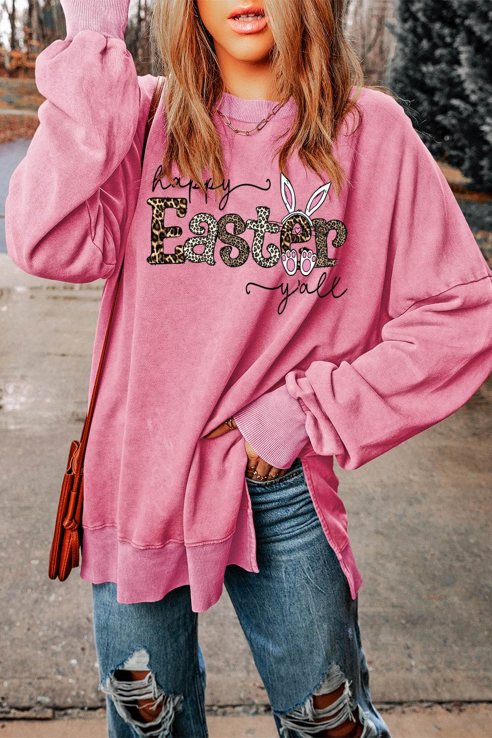 Leopard Easter Drop Shoulder Ribbed Trim Oversized Sweatshirt