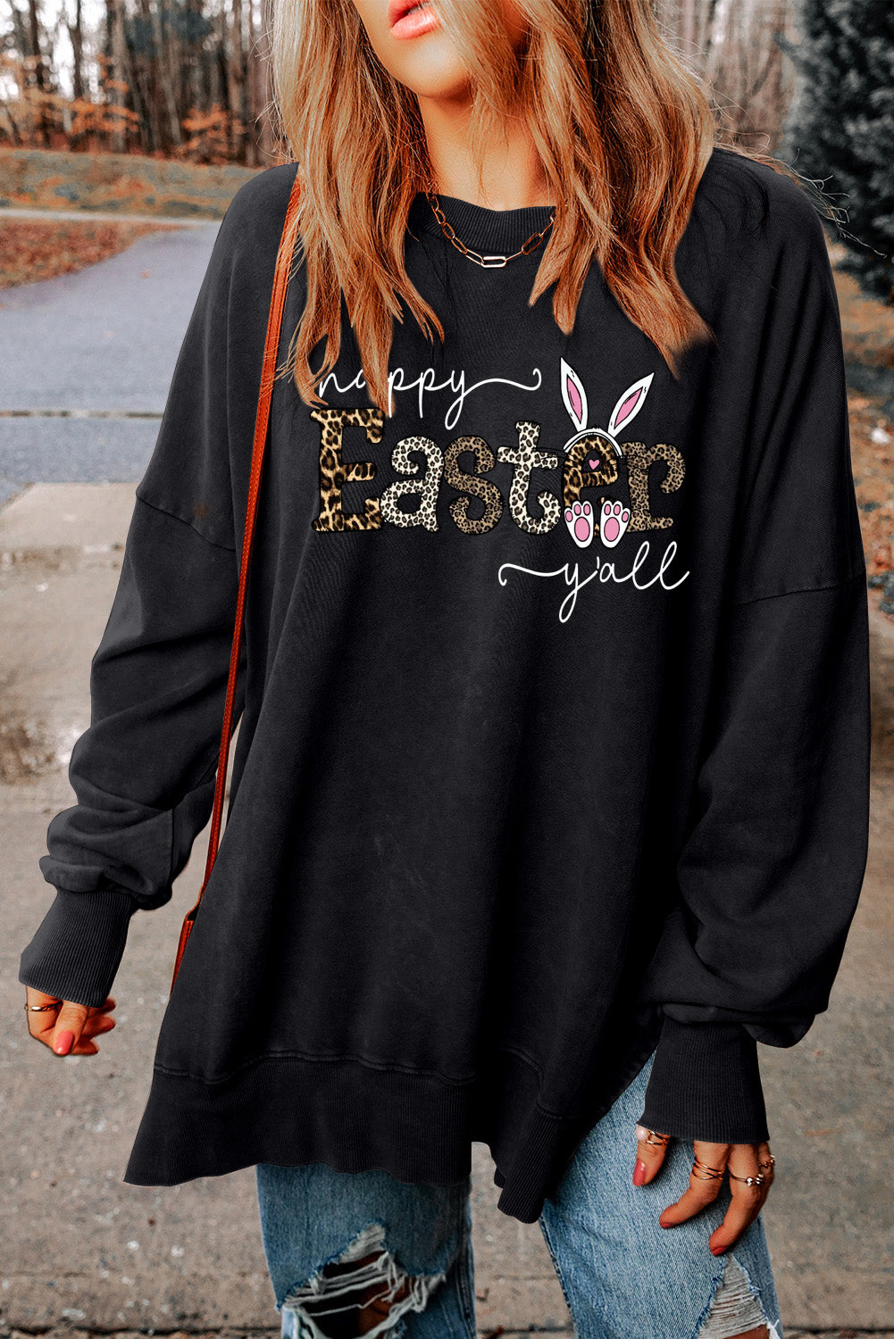 Leopard Easter Drop Shoulder Ribbed Trim Oversized Sweatshirt