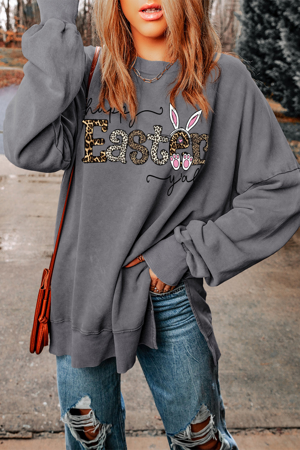 Leopard Easter Drop Shoulder Ribbed Trim Oversized Sweatshirt