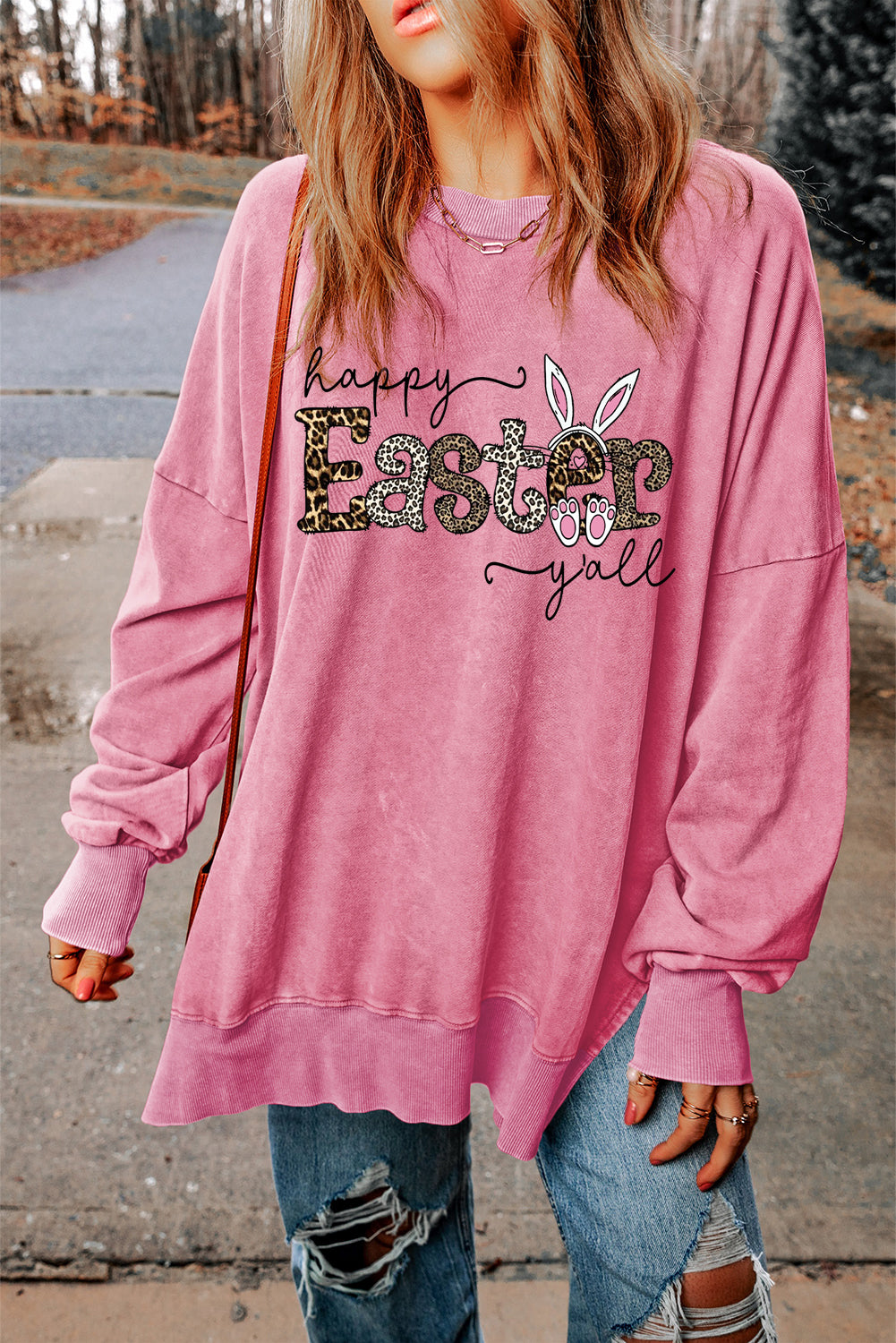 Leopard Easter Drop Shoulder Ribbed Trim Oversized Sweatshirt