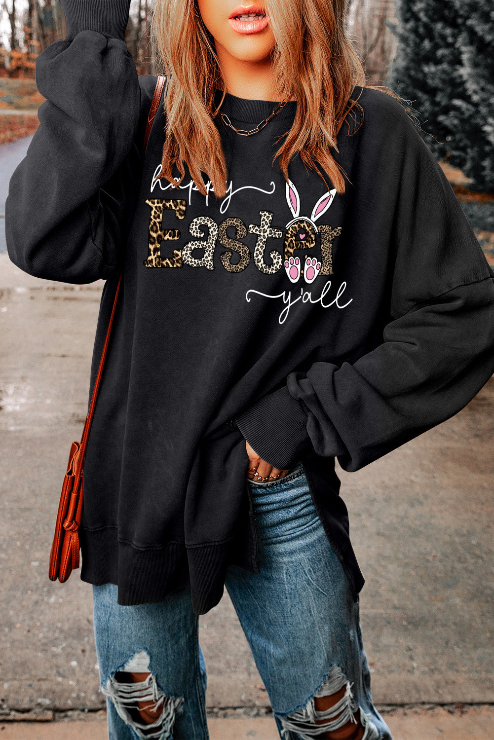 Leopard Easter Drop Shoulder Ribbed Trim Oversized Sweatshirt