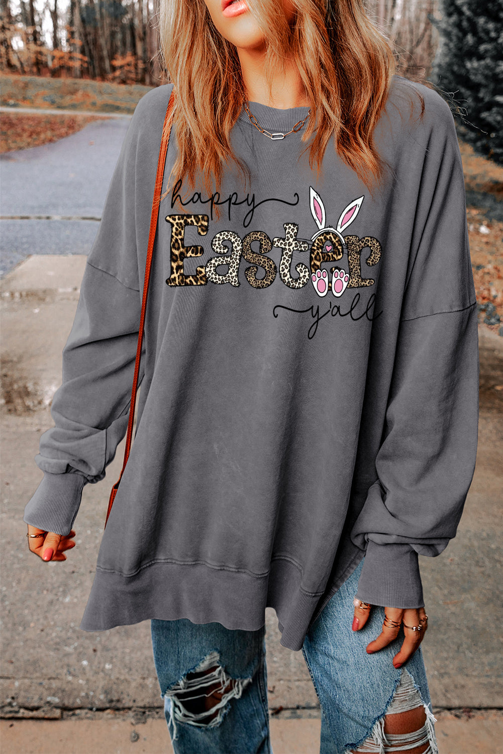 Leopard Easter Drop Shoulder Ribbed Trim Oversized Sweatshirt