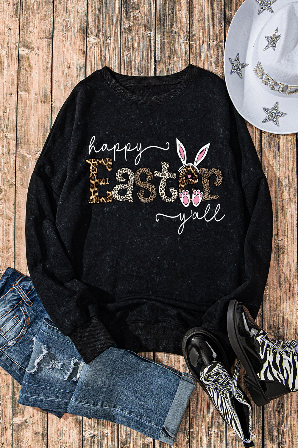 Leopard Easter Drop Shoulder Ribbed Trim Oversized Sweatshirt