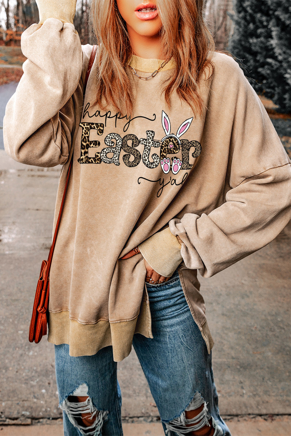 Leopard Easter Drop Shoulder Ribbed Trim Oversized Sweatshirt