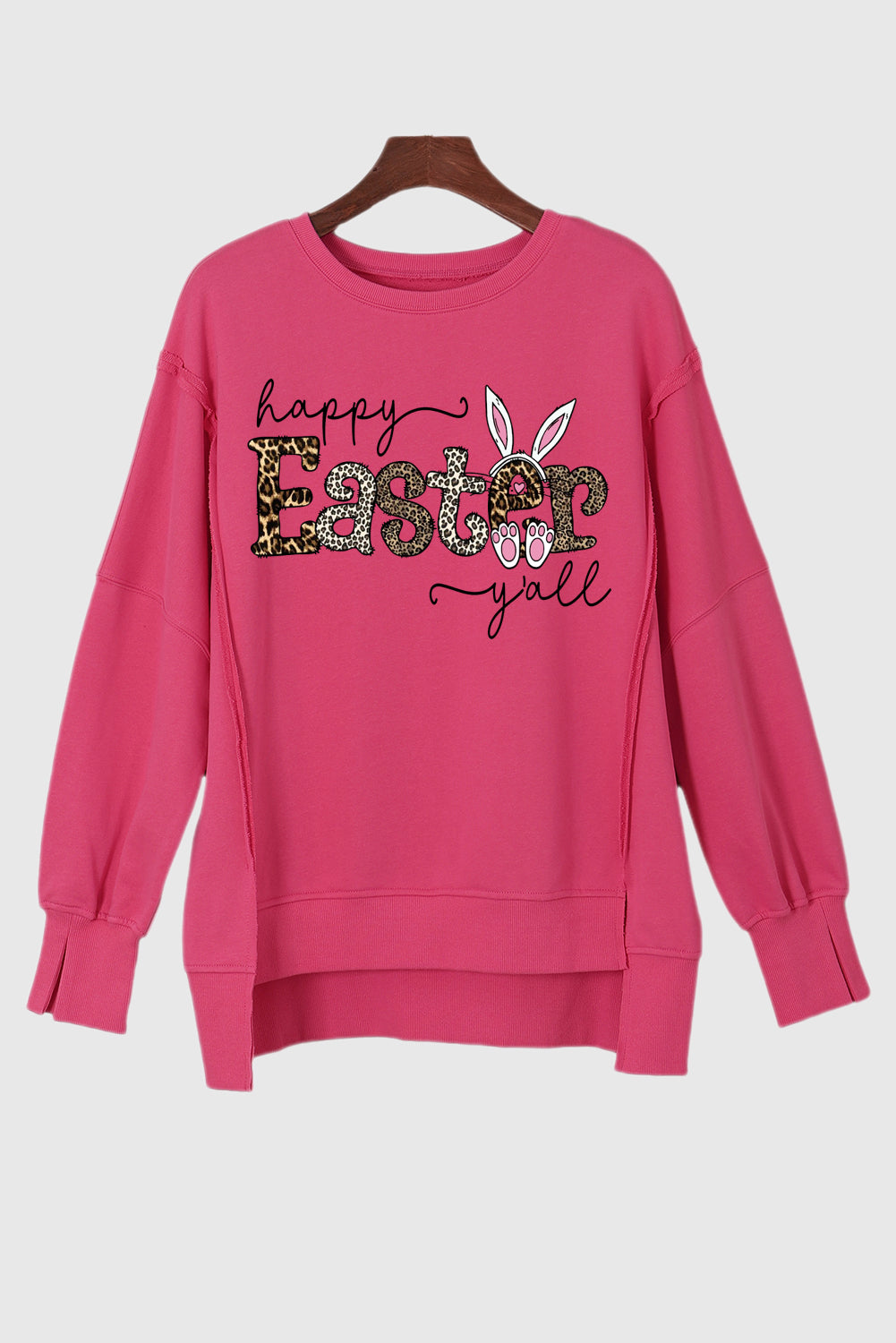 Leopard Easter Exposed Seam Drop Shoulder High-Low Sweatshirt