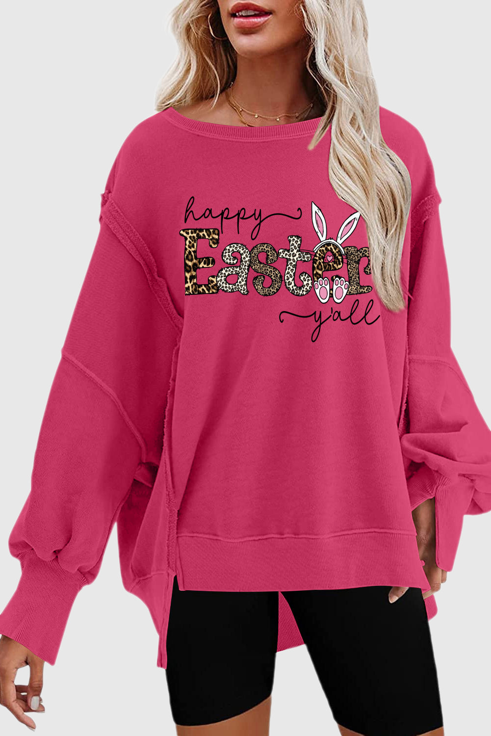 Leopard Easter Exposed Seam Drop Shoulder High-Low Sweatshirt