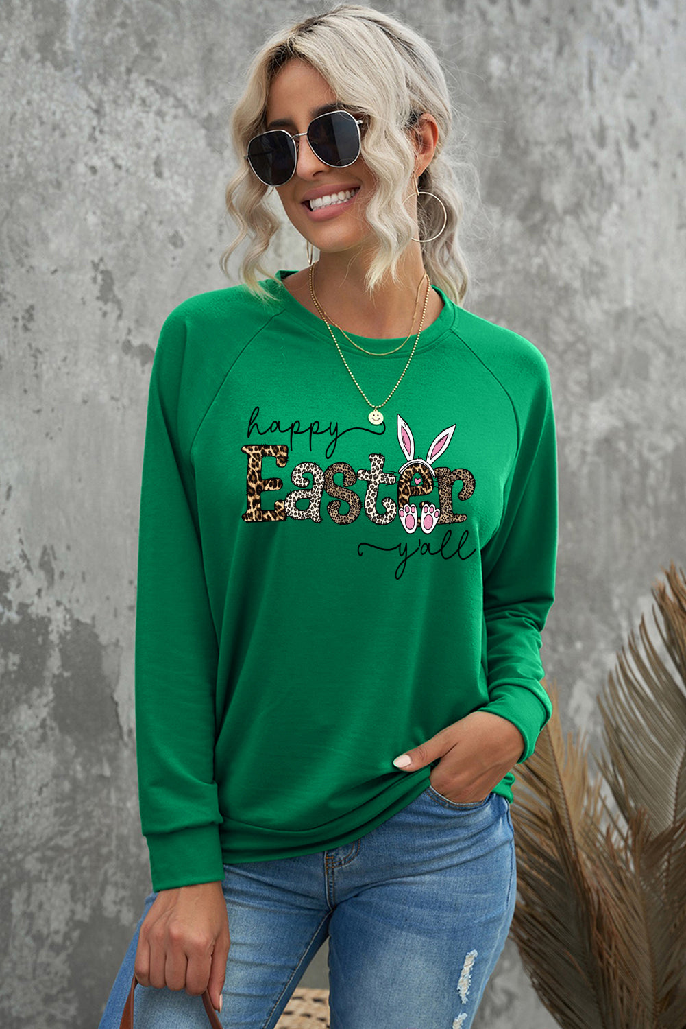 Leopard Print Easter Graphic Raglan Sleeve Crew Neck Sweatshirt