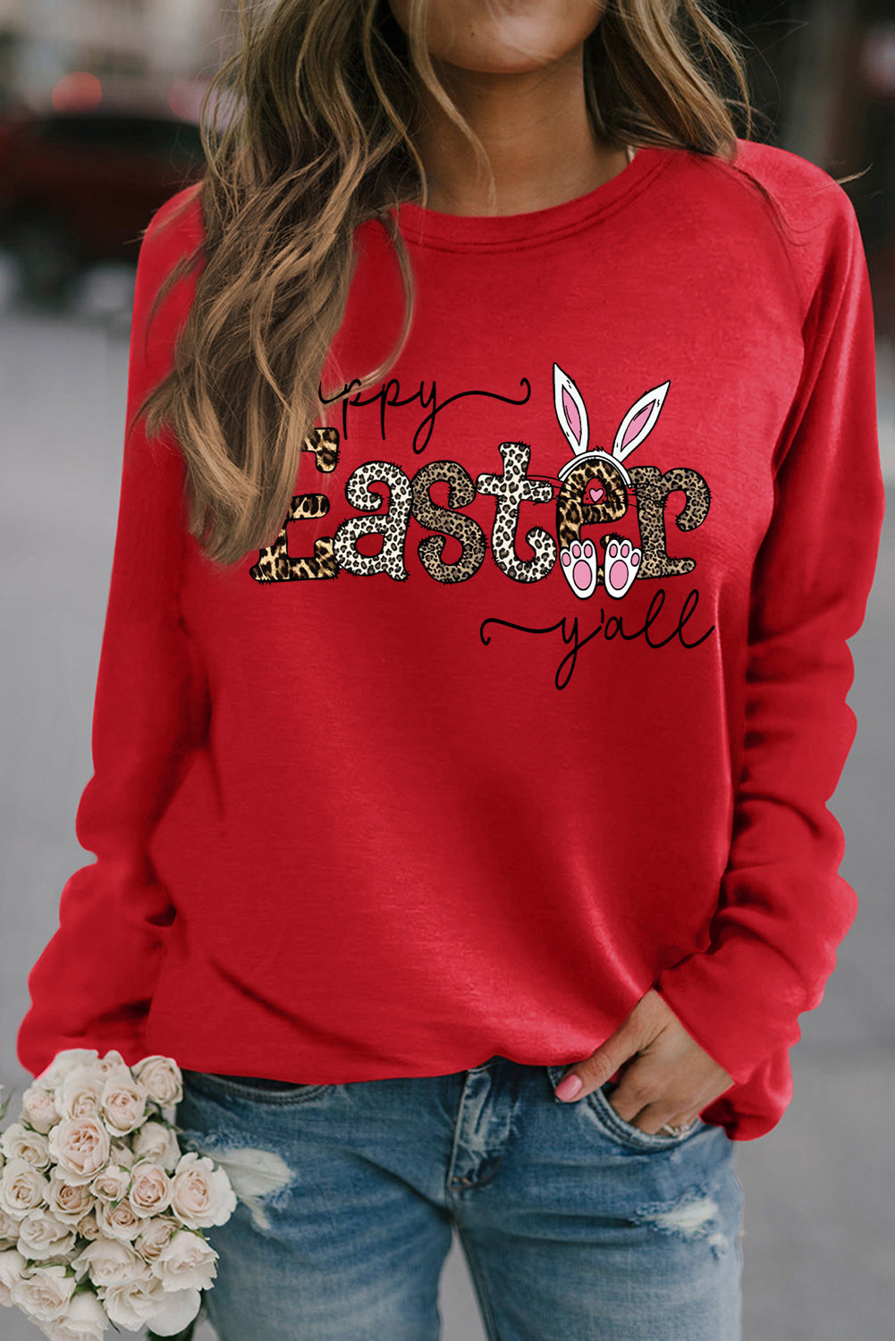 Leopard Print Easter Graphic Raglan Sleeve Crew Neck Sweatshirt