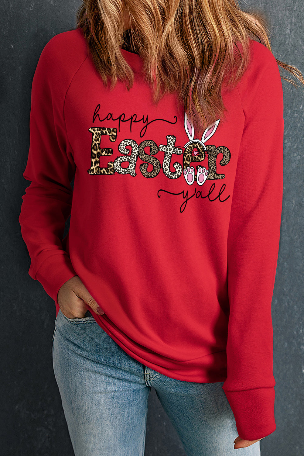 Leopard Print Easter Graphic Raglan Sleeve Crew Neck Sweatshirt