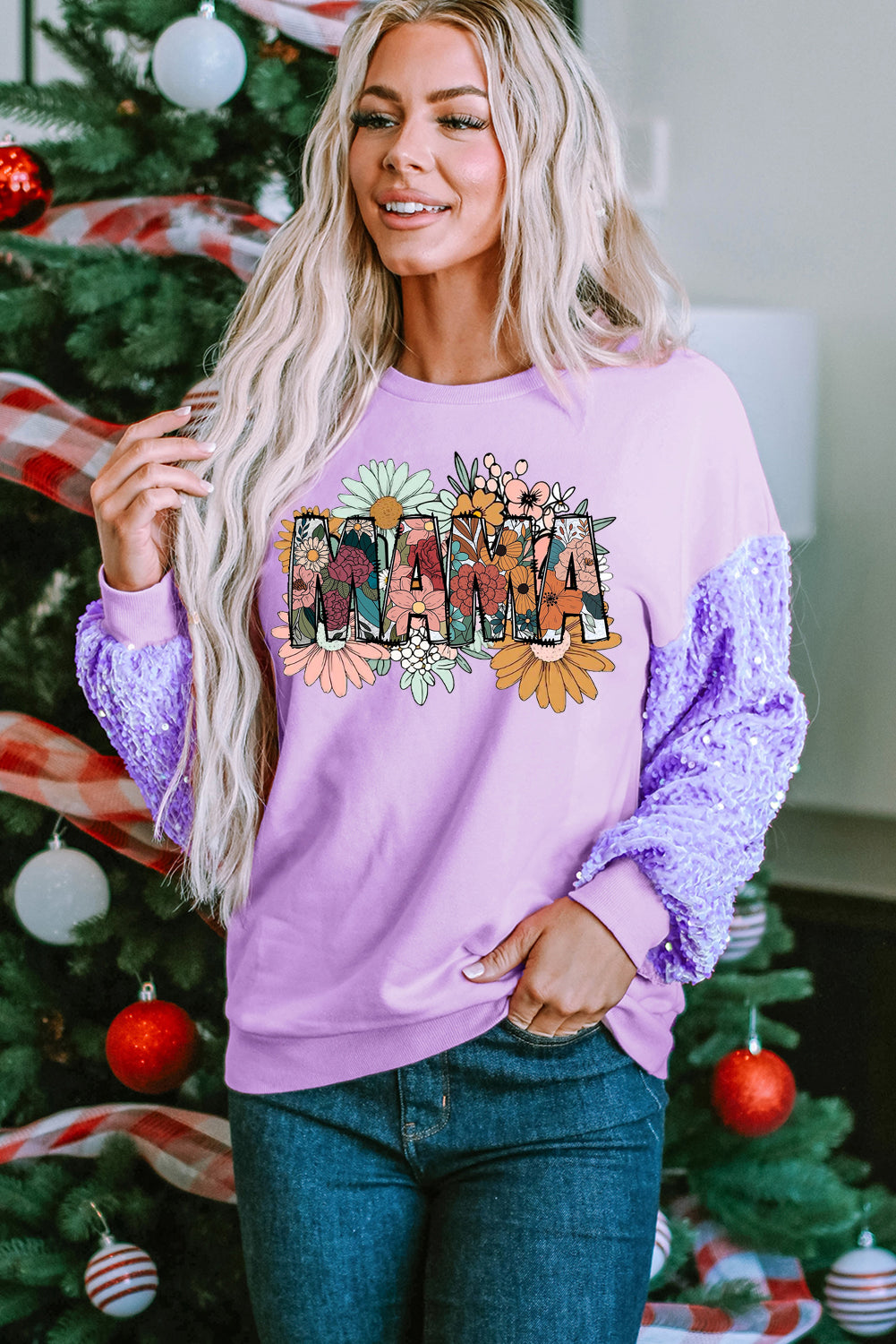 Mother's Day Floral Print Sequin Patchwork Long Sleeve Pullover Top