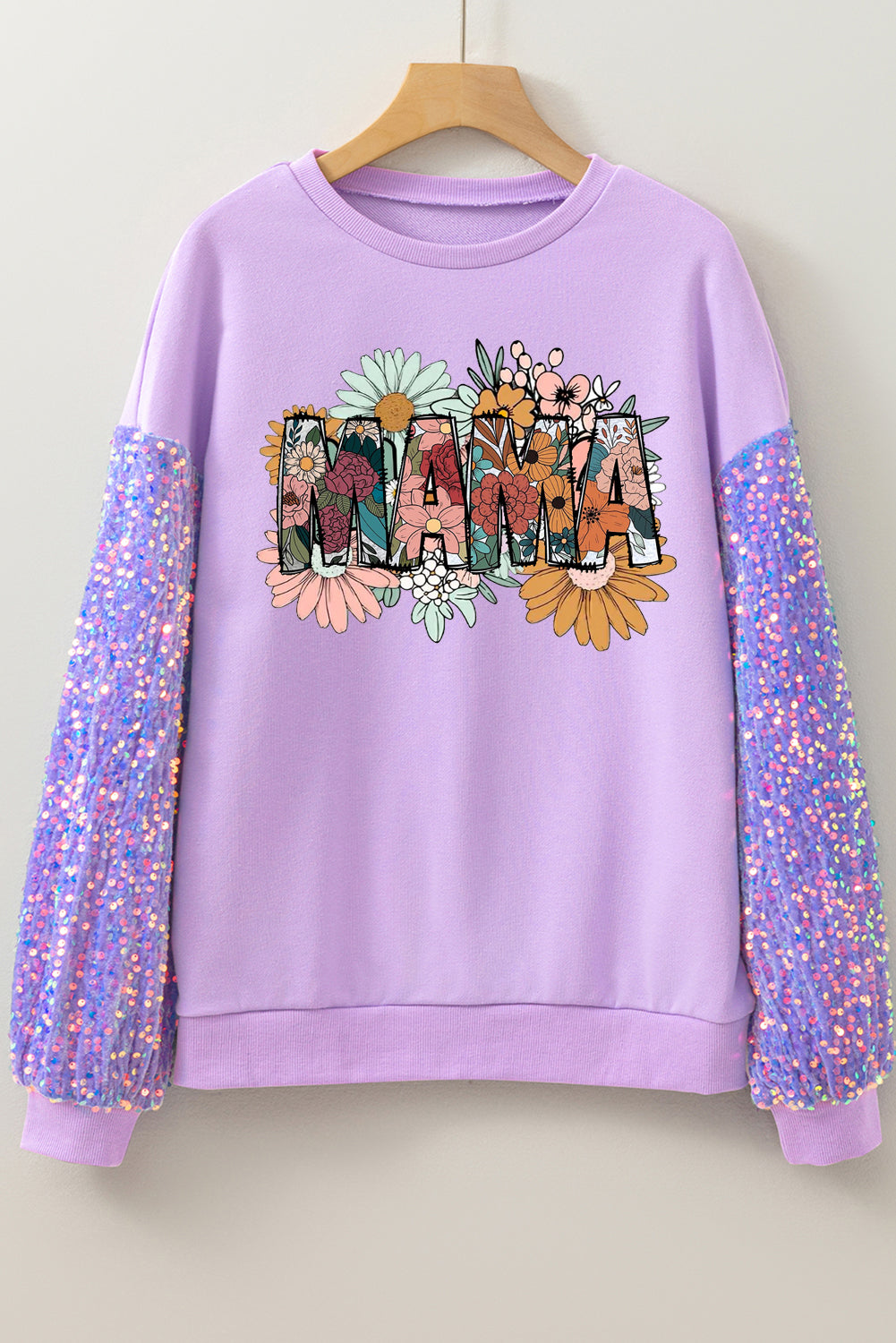 Mother's Day Floral Print Sequin Patchwork Long Sleeve Pullover Top