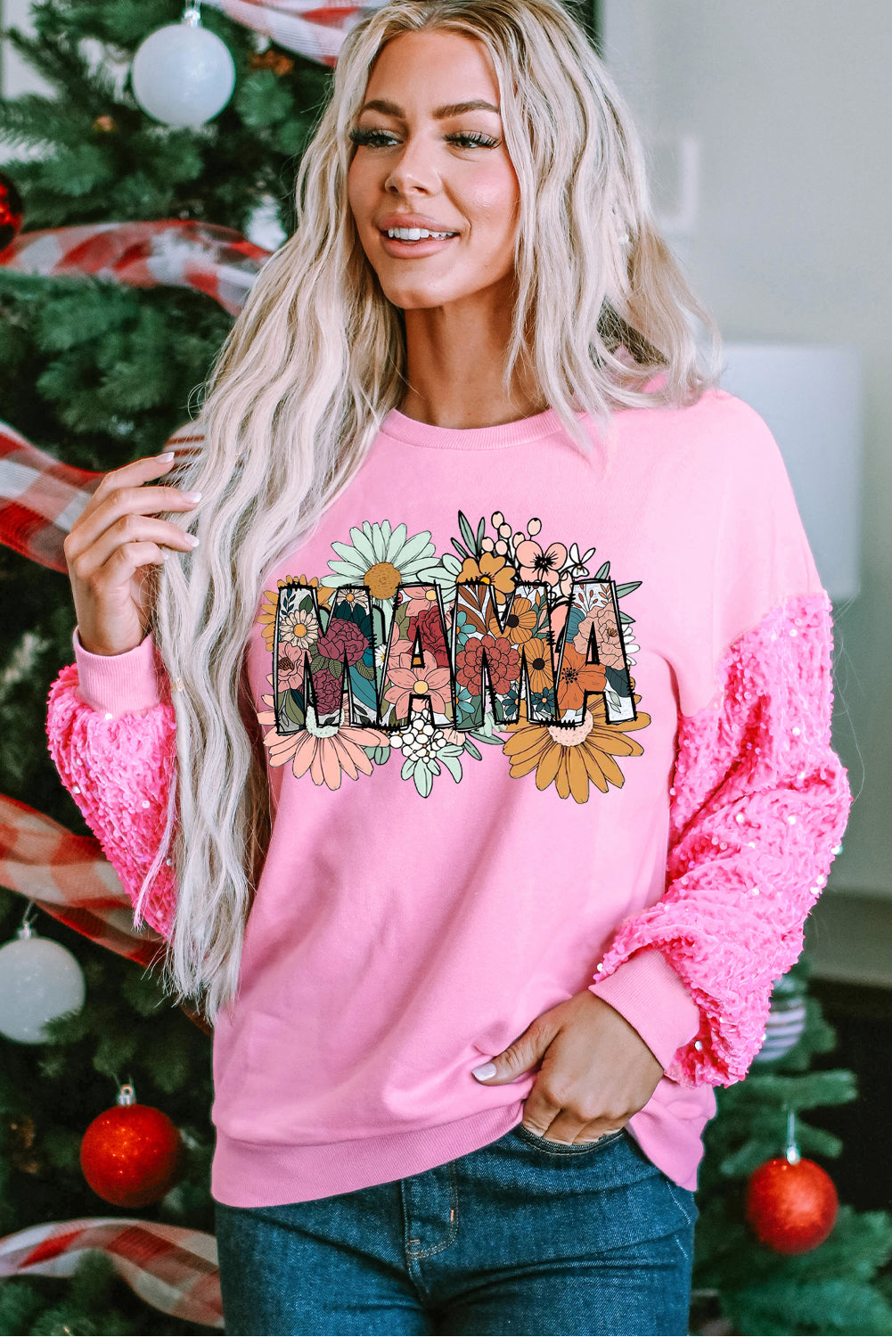 Mother's Day Floral Print Sequin Patchwork Long Sleeve Pullover Top