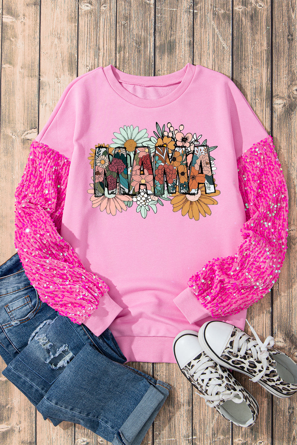 Mother's Day Floral Print Sequin Patchwork Long Sleeve Pullover Top