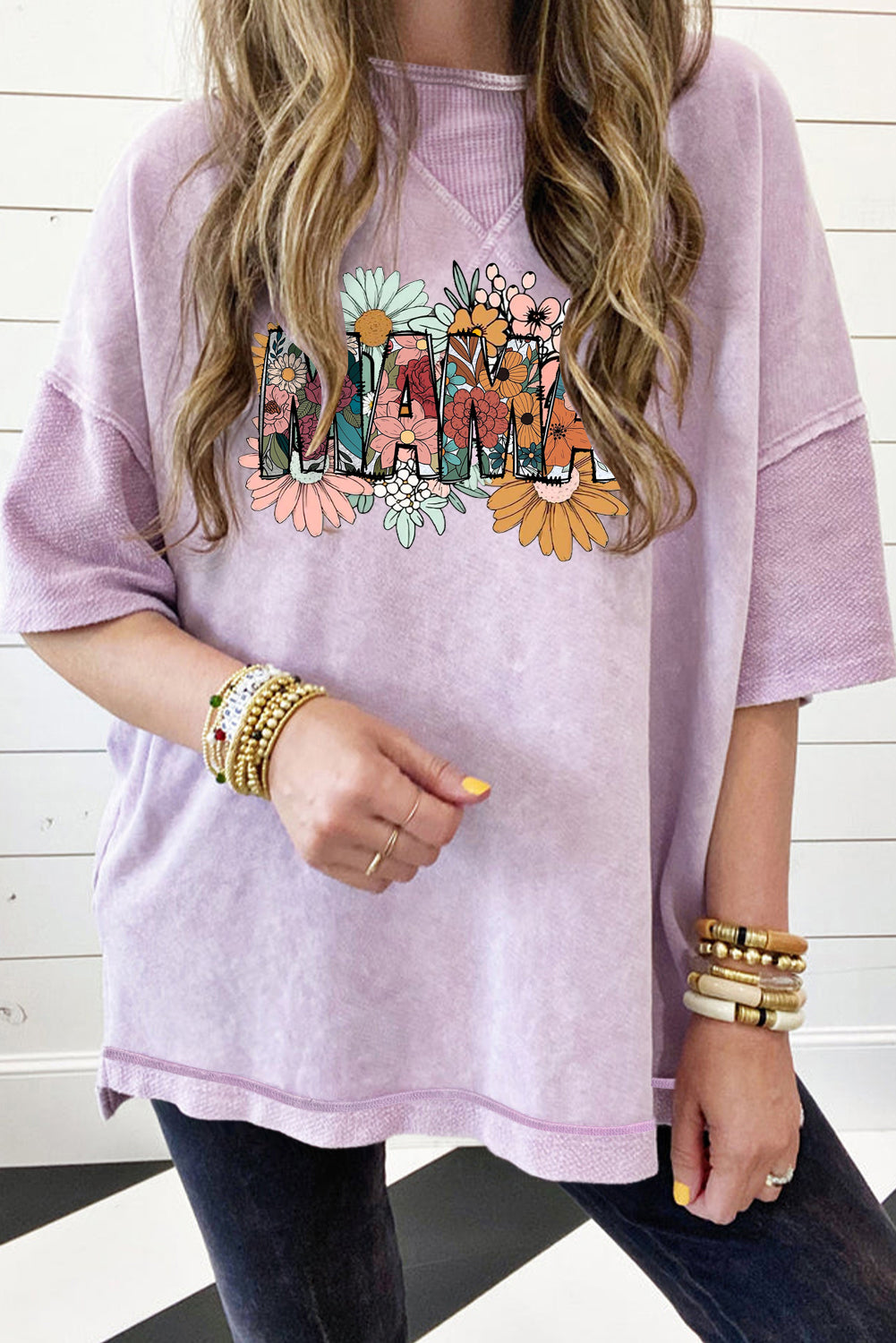 Mother's Day Floral Print Mineral Wash Oversized Drop Shoulder Tee