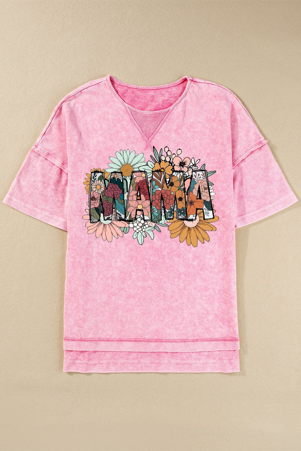 Mother's Day Floral Print Mineral Wash Oversized Drop Shoulder Tee