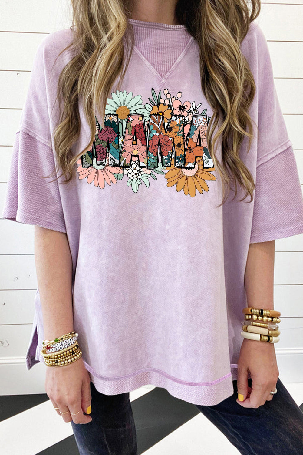 Mother's Day Floral Print Mineral Wash Oversized Drop Shoulder Tee